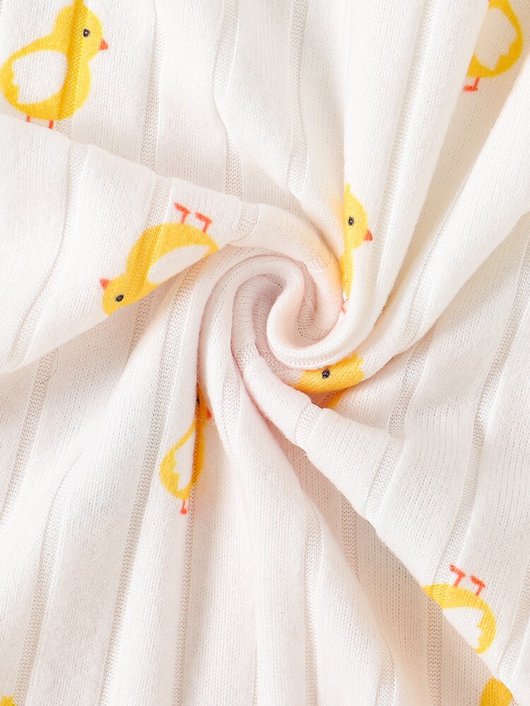 SHEIN Baju Terusan Rajut Bergaris Motif Bebek Kuning Unisex Bayi Usia 3-24 Bulan + Topi, Jumpsuit Lengan Panjang Lembut dan Nyaman yang Lucu, Cocok untuk Musim Gugur/Dingin - MultiWarna - View 13