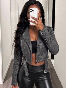 BamGleam Women's Retro Collar Zipper Waist Belt Leather Short Jacket Fall Winter Cloth For Women - Dark Grey - View 5