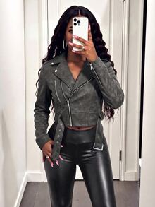 BamGleam Women's Retro Collar Zipper Waist Belt Leather Short Jacket Fall Winter Cloth For Women - Dark Grey - View 7