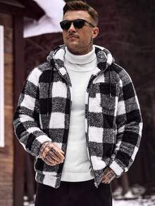 Manfinity CasualCool 男士格紋插肩袖長袖拉鍊連帽抽繩運動衫 - 黑與白 - 查看 4