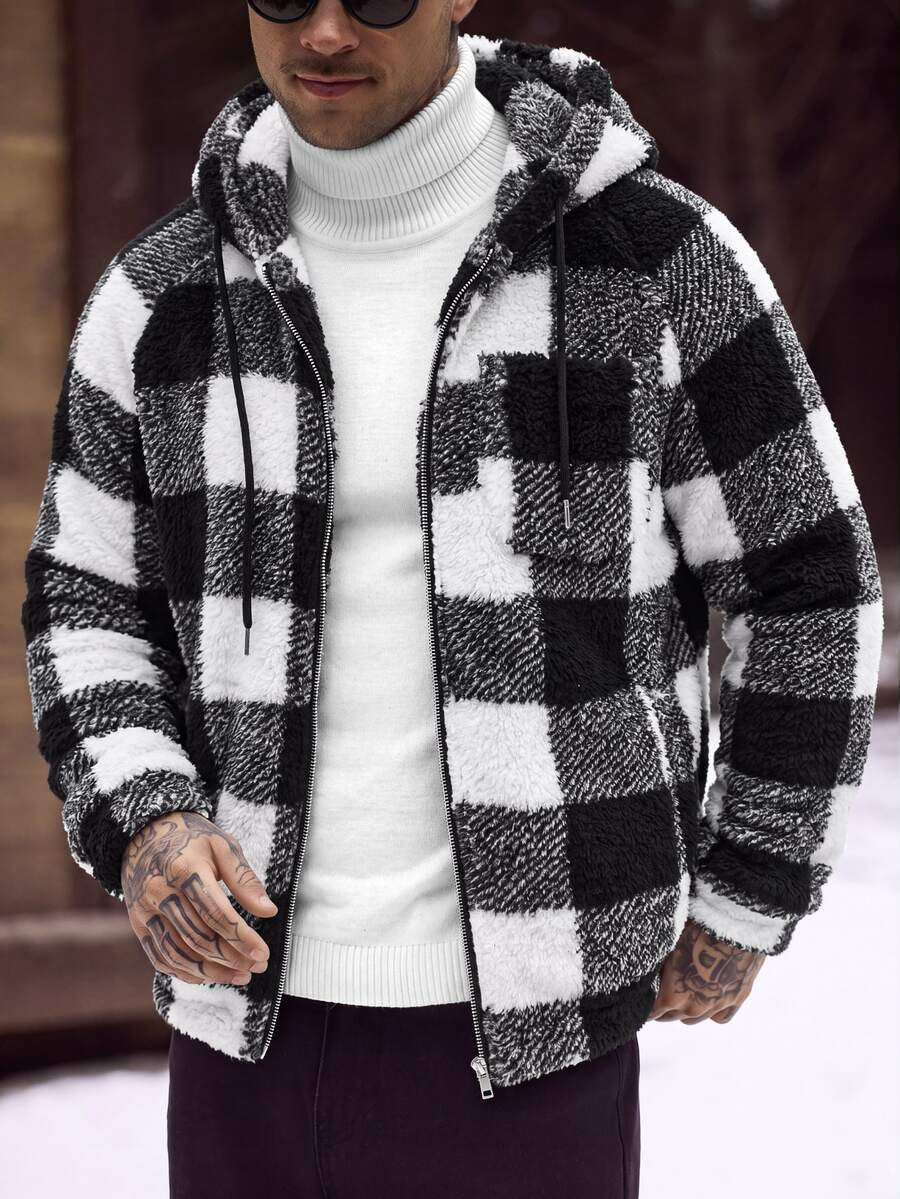 Manfinity CasualCool 男士格紋插肩袖長袖拉鍊連帽抽繩運動衫 - 黑與白 - 查看 1
