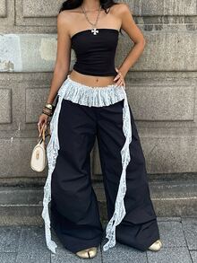 Coolane Women's Summer Streetwear Casual Sport Going Out Y2K Lace Ribbon Ruffle Black Parachute Hip-Hop Dance Jogger Pants - Black - View 2