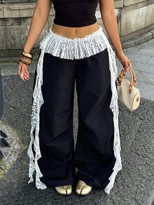 Coolane Women's Summer Streetwear Casual Sport Going Out Y2K Lace Ribbon Ruffle Black Parachute Hip-Hop Dance Jogger Pants - Black - View 3
