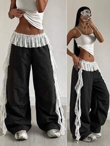 Coolane Women's Summer Streetwear Casual Sport Going Out Y2K Lace Ribbon Ruffle Black Parachute Hip-Hop Dance Jogger Pants - Black - View 4