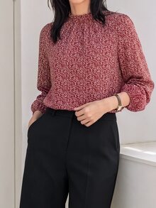 EMERY ROSE Stand Collar All-Over Print Casual Long Sleeve Shirt - Burgundy - View 3