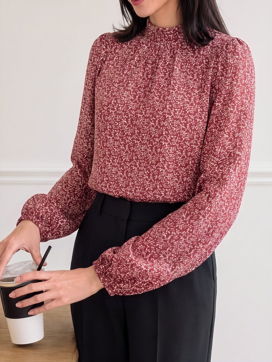 EMERY ROSE Stand Collar All-Over Print Casual Long Sleeve Shirt - Burgundy - View 1