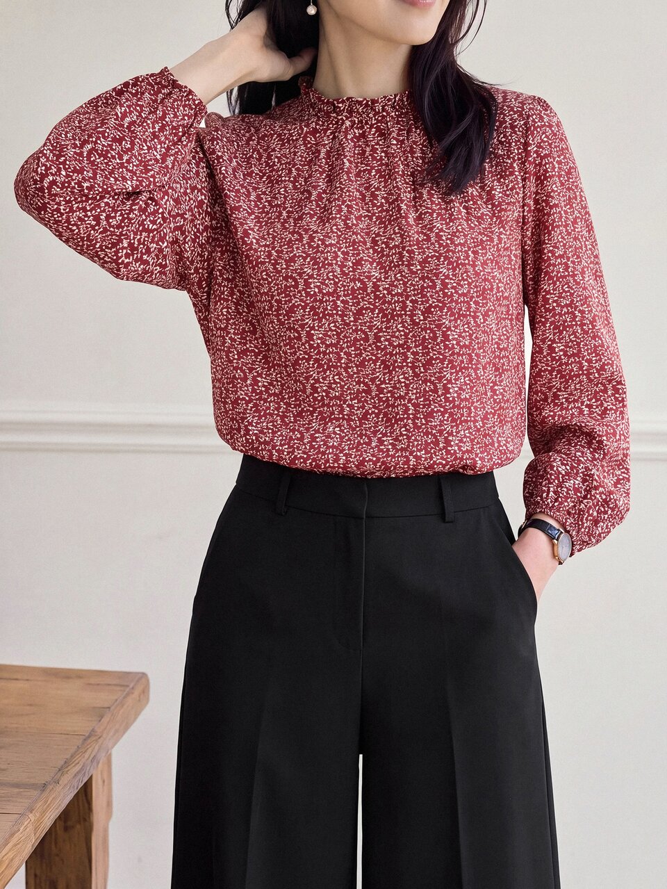 Stand Collar All-Over Print Casual Long Sleeve Shirt