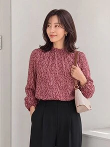EMERY ROSE Stand Collar All-Over Print Casual Long Sleeve Shirt - Burgundy - View 4