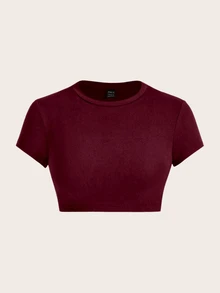 SHEIN ICON 休闲玫红色圆领短袖短款修身T恤女款，适合夏季 - 酒紅色 - 查看 3