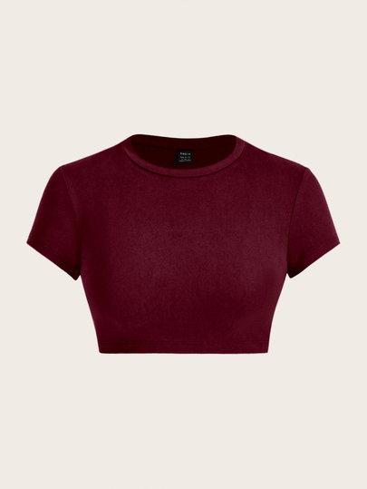 SHEIN ICON Casual Rose Red Round Neck Short Sleeve Cropped Fitted T-Shirt For Women, Suitable For Summer Suitable For Going Out