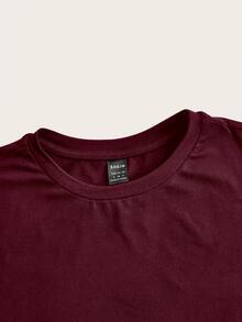 SHEIN ICON 休闲玫红色圆领短袖短款修身T恤女款，适合夏季 - 酒紅色 - 查看 4