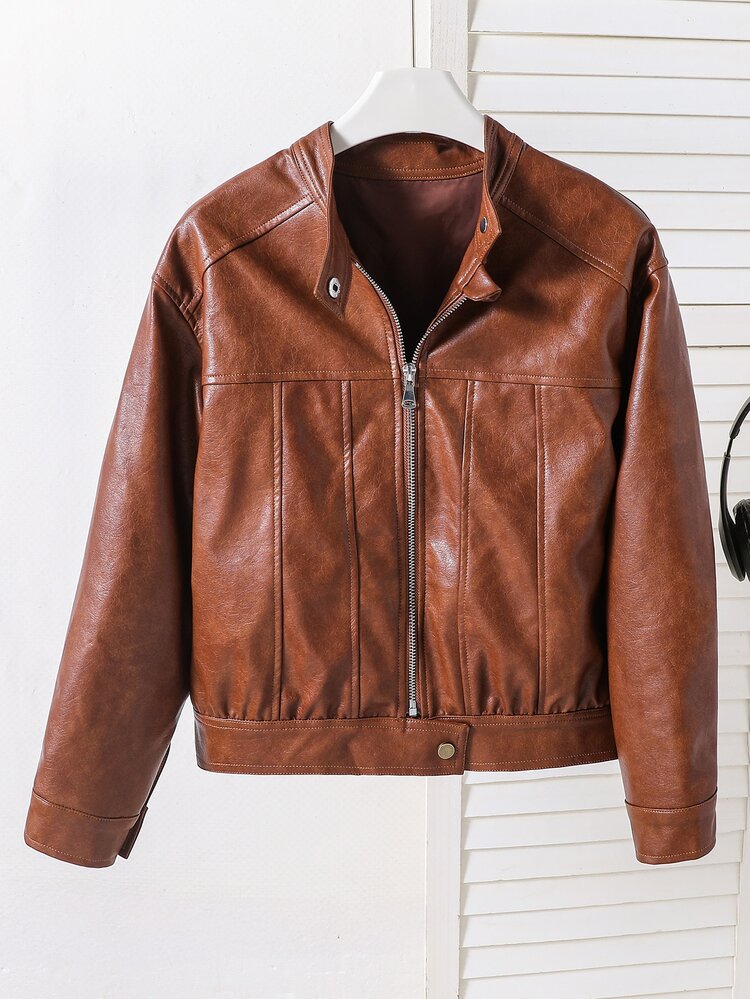 SHEIN Girls' Casual Fashion American Street Style Woven Leather Fabric Short Leather Jacket Loose Fit Comfortable Suitable For Spring Autumn Daily Commut... - Coffee Brown - View 3