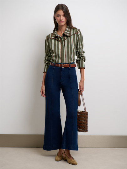 Nöista Olive Green Striped Shirt With Peter Pan Collar And Relaxed Fit. Comfortable Feminine Style For Commuting And Everyday Wear.