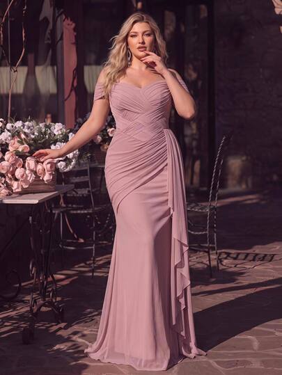 Glamrae Plus Size Lotus Pink Elegant Romantic Fashion Pink Elastic Mesh Fabric Hanging Sleeve Asymmetrical Layer Handmade Pleated A-Line Elegant Party Dress Wedding Guest Dress Pink Dress Fashion Elegant Wedding Evening Gown Formal Dinner Dress