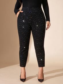 SHEIN LUNE 大尺碼女款亮面休閒百搭日常穿著長褲 - 黑色 - 查看 7