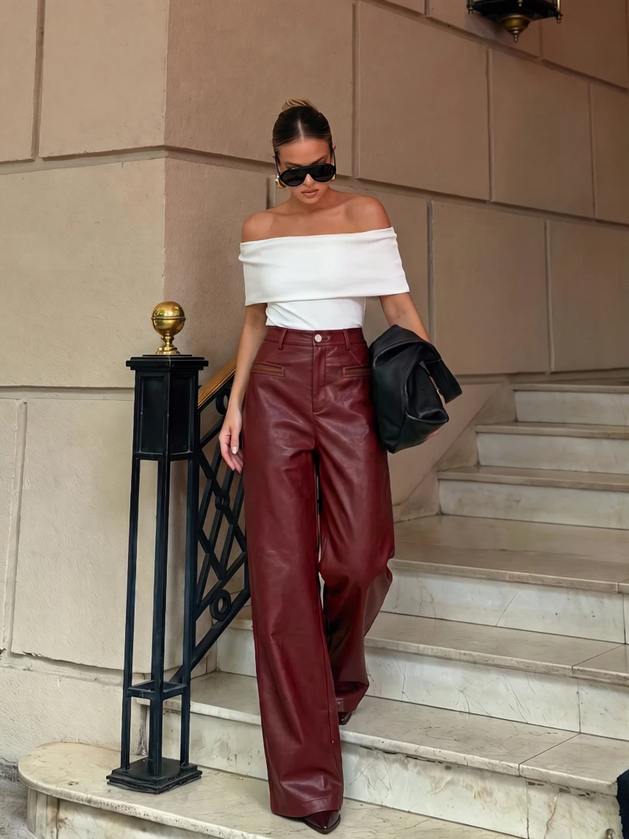 Anewsta Essential Women's Solid Color Casual Versatile Daily Travel Long Pants - Burgundy - View 1