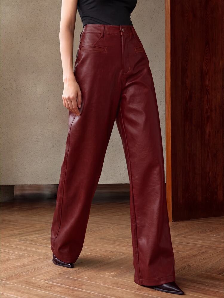 Anewsta Essential Women's Solid Color Casual Versatile Daily Travel Long Pants - Burgundy - View 4