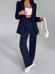 SHEIN Women Solid Color Two Pieces Outfits Sets Blazer Jacket And Pants - Navy Blue - View 5