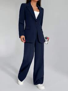 SHEIN Women Solid Color Two Pieces Outfits Sets Blazer Jacket And Pants - Navy Blue - View 7