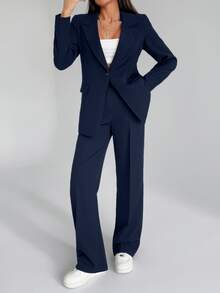 SHEIN Women Solid Color Two Pieces Outfits Sets Blazer Jacket And Pants - Navy Blue - View 6