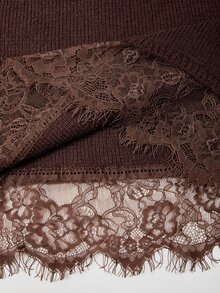 Mistrie Korean Style Soft Coffee Color Lace Patchwork Knit Mini Skirt, High Waist Slim Fit Flattering Bodycon Skirt For Petite Women - Brown - View 9