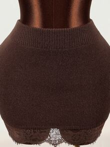 Mistrie Korean Style Soft Coffee Color Lace Patchwork Knit Mini Skirt, High Waist Slim Fit Flattering Bodycon Skirt For Petite Women - Brown - View 5