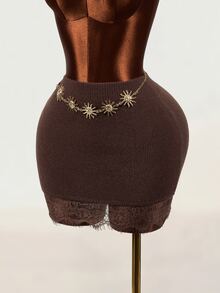 Mistrie Korean Style Soft Coffee Color Lace Patchwork Knit Mini Skirt, High Waist Slim Fit Flattering Bodycon Skirt For Petite Women - Brown - View 1