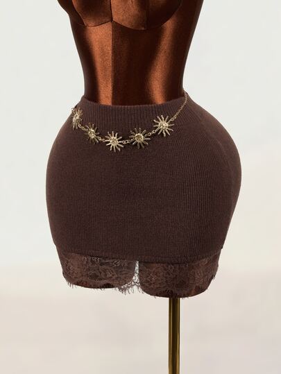 Mistrie Korean Style Soft Coffee Color Lace Patchwork Knit Mini Skirt, High Waist Slim Fit Flattering Bodycon Skirt For Petite Women