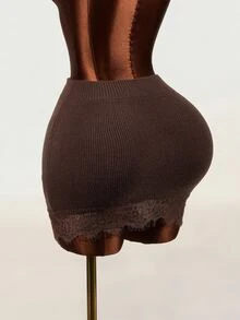 Mistrie Korean Style Soft Coffee Color Lace Patchwork Knit Mini Skirt, High Waist Slim Fit Flattering Bodycon Skirt For Petite Women - Brown - View 3