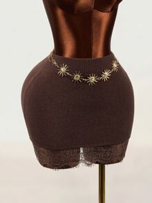 Mistrie Korean Style Soft Coffee Color Lace Patchwork Knit Mini Skirt, High Waist Slim Fit Flattering Bodycon Skirt For Petite Women - Brown - View 4