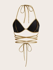 SHEIN ICON Crisscross Tie Backless Halter Golden Top - Gold - View 4
