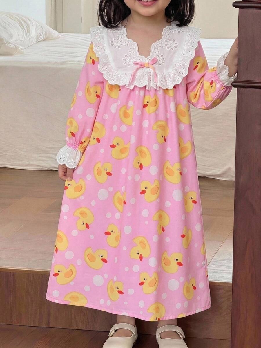 SHEIN Young Girls Young Girl Cute Cartoon Duck Autumn/Winter Home Dress - Multicolor - View 1