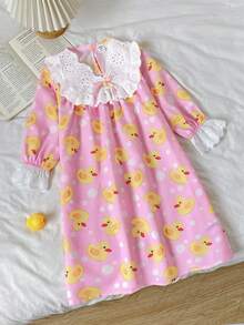 SHEIN Young Girls Young Girl Cute Cartoon Duck Autumn/Winter Home Dress - Multicolor - View 3