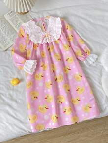 SHEIN Young Girls Young Girl Cute Cartoon Duck Autumn/Winter Home Dress - Multicolor - View 8