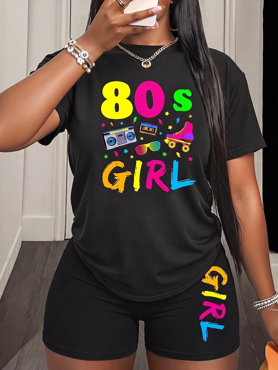 BamGleam Conjunto De Camiseta De Cuello Redondo Y Pantalones Cortos Para Mujer Con Impresión De Letras - Negro - Ver 1