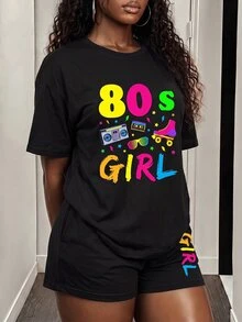 BamGleam Conjunto De Camiseta De Cuello Redondo Y Pantalones Cortos Para Mujer Con Impresión De Letras - Negro - Ver 3