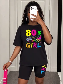 BamGleam Conjunto De Camiseta De Cuello Redondo Y Pantalones Cortos Para Mujer Con Impresión De Letras - Negro - Ver 5