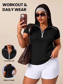 SHEIN Rhythm Era Plus Size Zipper Half-Placket Striped Colorblock Sports Sweatshirt - Multicolor - View 1