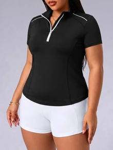 SHEIN Rhythm Era Plus Size Zipper Half-Placket Striped Colorblock Sports Sweatshirt - Multicolor - View 4