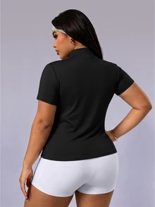SHEIN Rhythm Era Plus Size Zipper Half-Placket Striped Colorblock Sports Sweatshirt - Multicolor - View 2