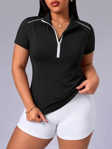 SHEIN Rhythm Era Plus Size Zipper Half-Placket Striped Colorblock Sports Sweatshirt - Multicolor - View 3