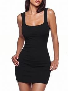 SHEIN ICON Solid Rib Knit Bodycon Dress,Tea Party Dress,Summer Dresses For Women - Black - View 1