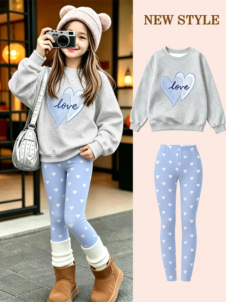 Girls' Heart & Letter Print Crew Neck Sweatshirt + All-Over Heart Print Leggings Casual 2 Pieces Set - Multicolor - View 1