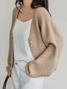 Dazy-Less Cardigan Lengan Panjang Wanita Warna Polos Kasual Serbaguna untuk Sehari-hari, Musim Gugur, Bisnis Kasual - Khaki - View 5