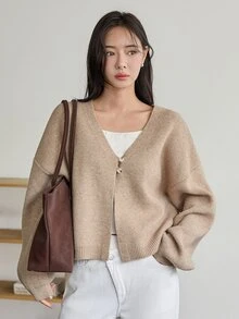 Dazy-Less Cardigan Lengan Panjang Wanita Warna Polos Kasual Serbaguna untuk Sehari-hari, Musim Gugur, Bisnis Kasual - Khaki - View 4