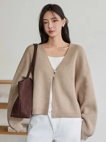 Dazy-Less Cardigan Lengan Panjang Wanita Warna Polos Kasual Serbaguna untuk Sehari-hari, Musim Gugur, Bisnis Kasual - Khaki - View 3