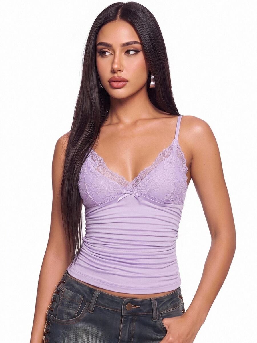 SHEIN ICON Top de tirantes con encaje en contraste fruncido - Lila Púrpura - Ver 1