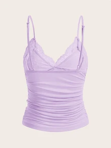 SHEIN ICON Top de tirantes con encaje en contraste fruncido - Lila Púrpura - Ver 2