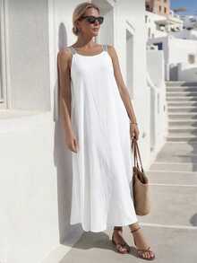 EMERY ROSE Plus Size Elegant Solid Color Textured Sleeveless Dress, Summer - White - View 4