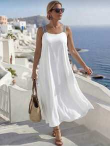 EMERY ROSE Plus Size Elegant Solid Color Textured Sleeveless Dress, Summer - White - View 1